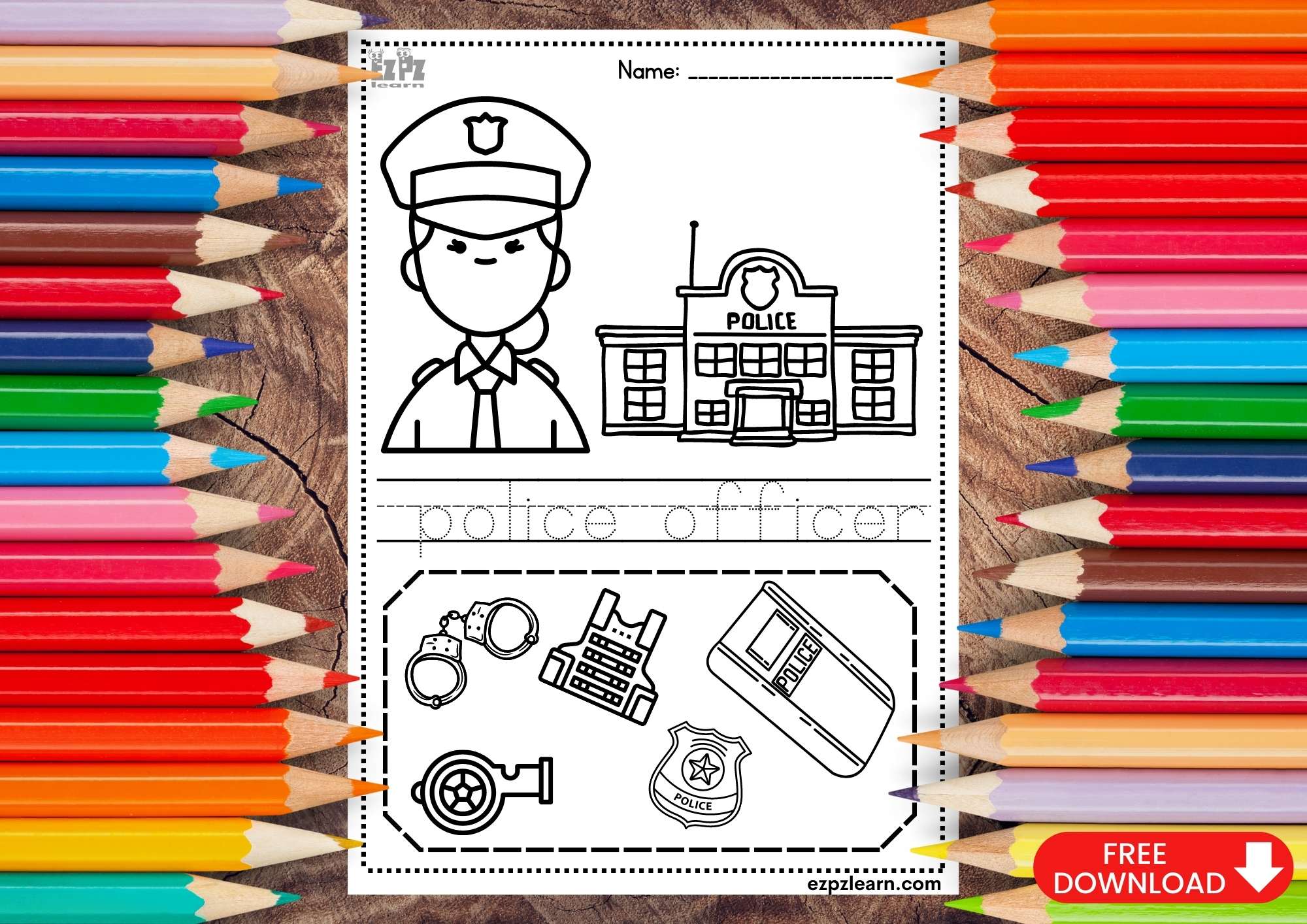Police Coloring and Trace the Word Page Jobs Topic for Kids